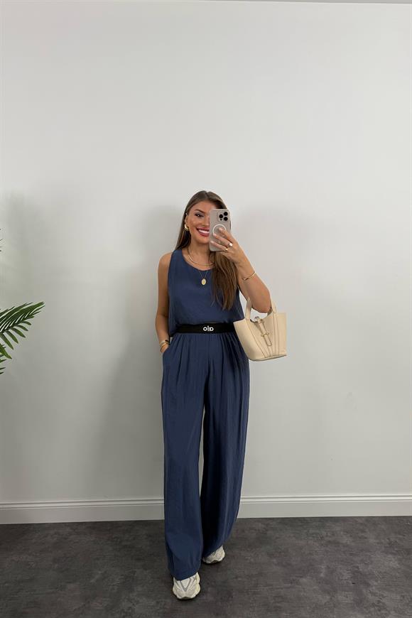 Premium Seri Beli Nakışlı Lastikli Tensel Kumaş OLA Takım İndigo