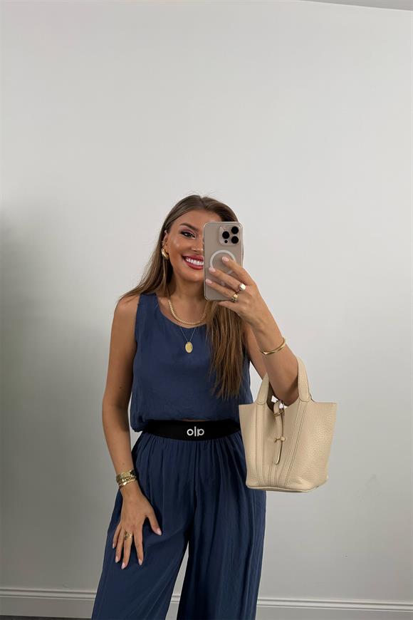 Premium Seri Beli Nakışlı Lastikli Tensel Kumaş OLA Takım İndigo