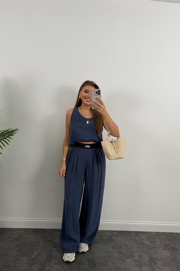 Premium Seri Beli Nakışlı Lastikli Tensel Kumaş OLA Takım İndigo