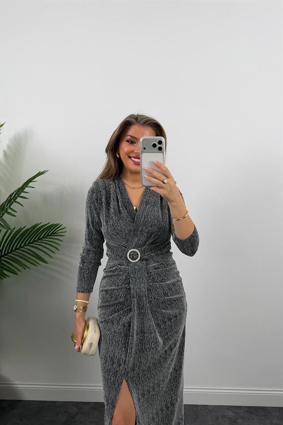 Premium Seri Beli Taşlı Drapeli Midi Elbise Gümüş