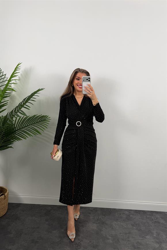Premium Seri Beli Taşlı Drapeli Midi Elbise Siyah