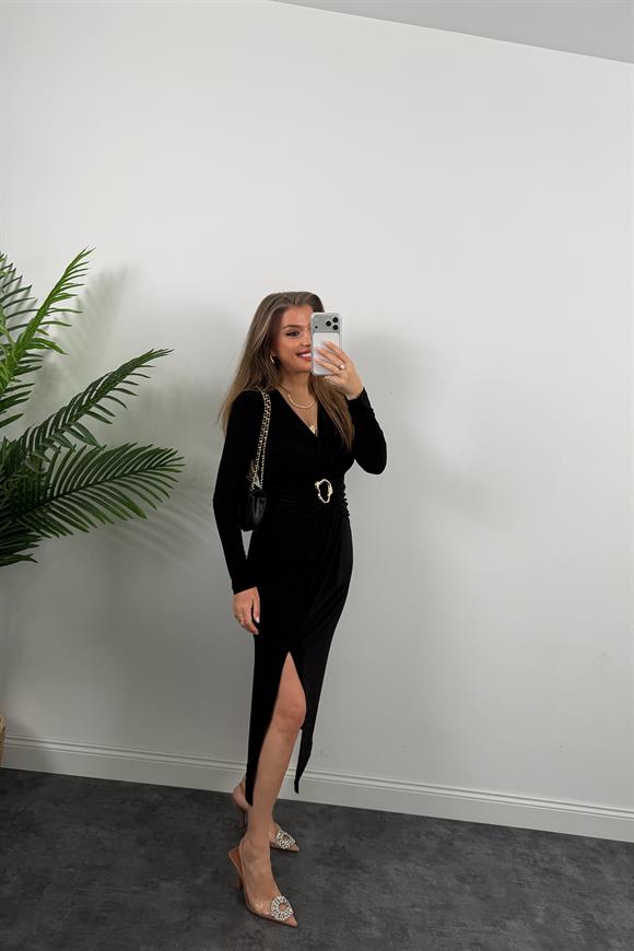 Premium Seri Beli Taşlı Drapeli Midi Elbise Siyah