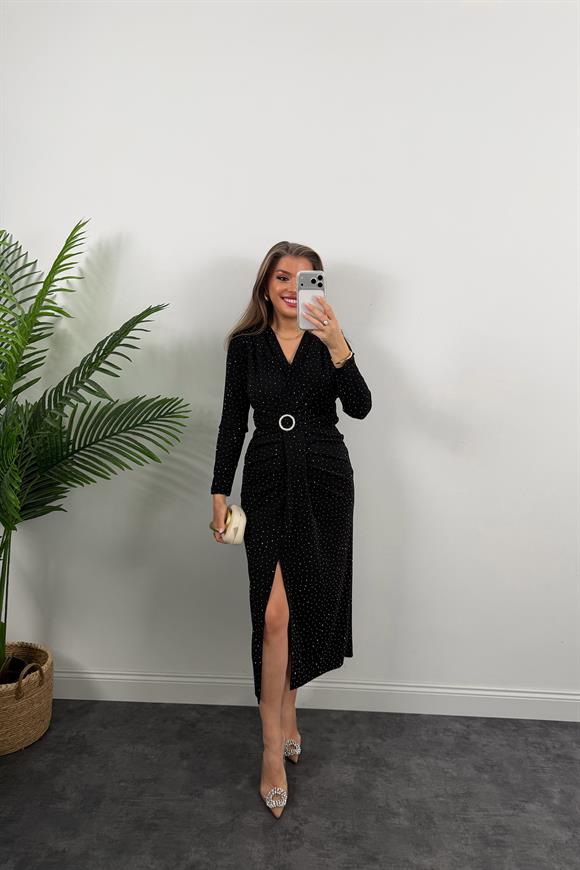 Premium Seri Beli Taşlı Drapeli Midi Elbise Siyah