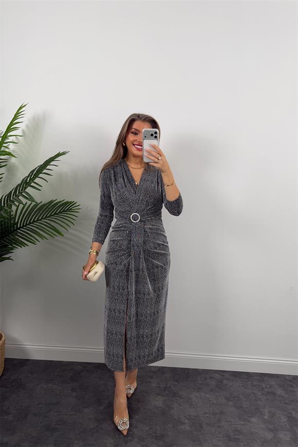 Premium Seri Beli Taşlı Drapeli Midi Elbise Gümüş