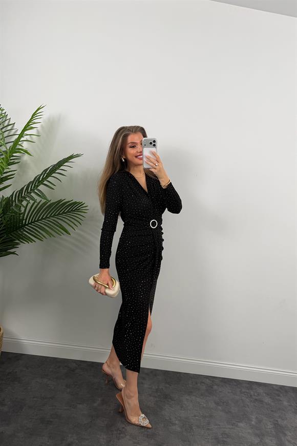 Premium Seri Beli Taşlı Drapeli Midi Elbise Siyah