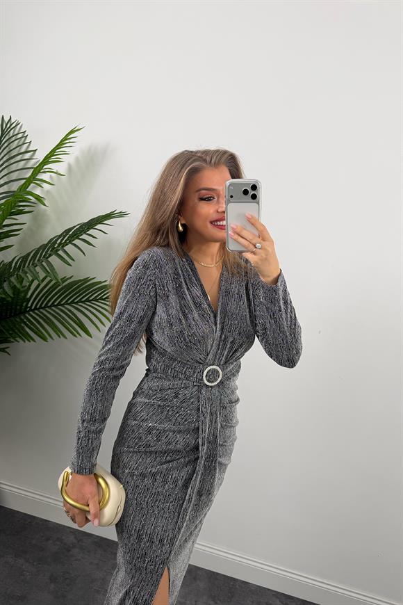 Premium Seri Beli Taşlı Drapeli Midi Elbise Gümüş