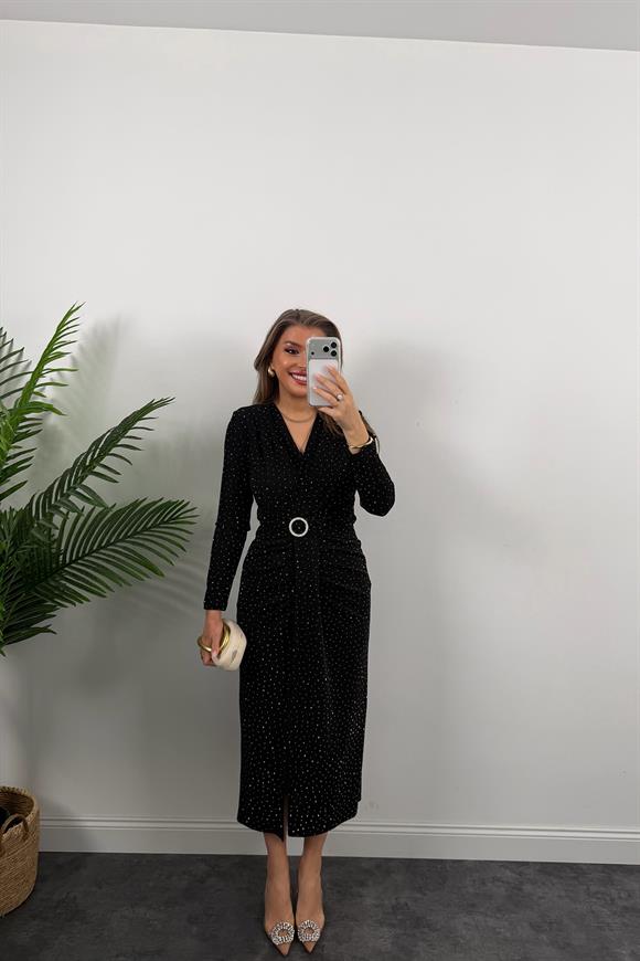 Premium Seri Beli Taşlı Drapeli Midi Elbise Siyah