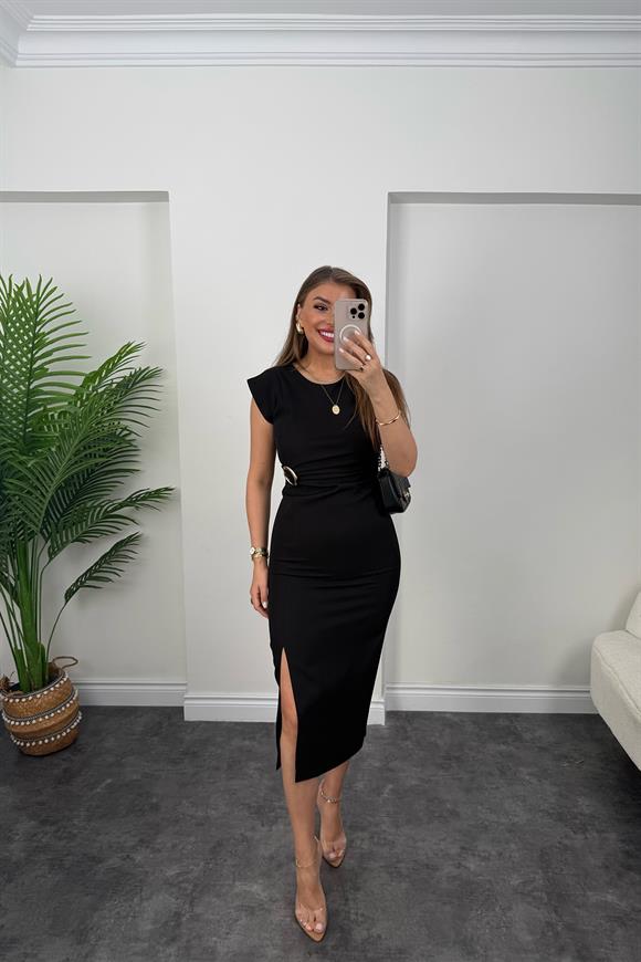 Premium Seri Beli Tokalı Midi Boy Yırtmaçlı Kalem Elbise Siyah
