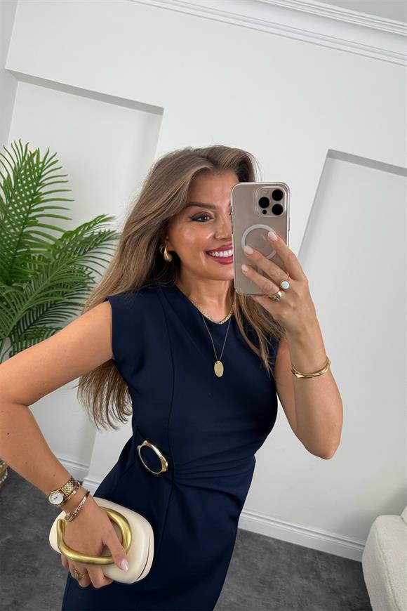 Premium Seri Beli Tokalı Midi Boy Yırtmaçlı Kalem Elbise Lacivert