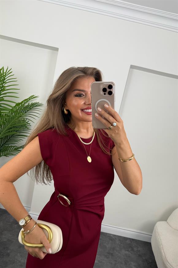 Premium Seri Beli Tokalı Midi Boy Yırtmaçlı Kalem Elbise Bordo