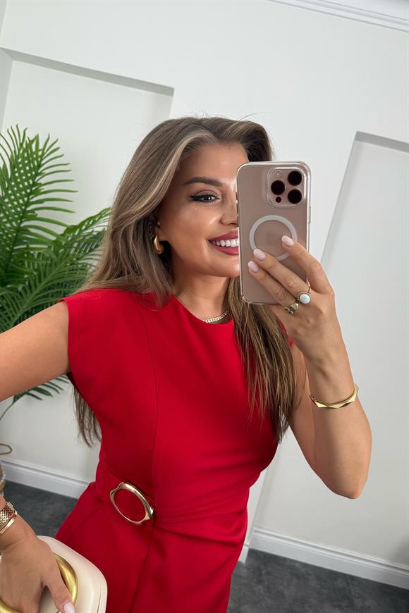 Premium Seri Beli Tokalı Midi Boy Yırtmaçlı Kalem Elbise Kırmızı