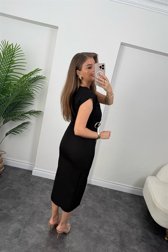 Premium Seri Beli Tokalı Midi Boy Yırtmaçlı Kalem Elbise Siyah