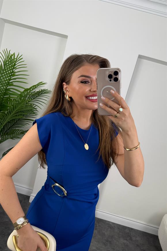 Premium Seri Beli Tokalı Midi Boy Yırtmaçlı Kalem Elbise Sax Mavi