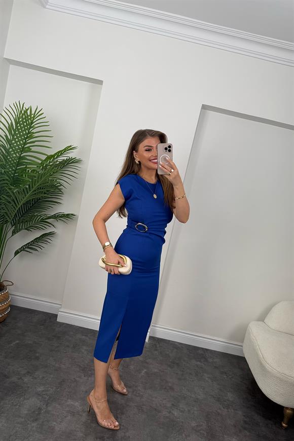 Premium Seri Beli Tokalı Midi Boy Yırtmaçlı Kalem Elbise Sax Mavi