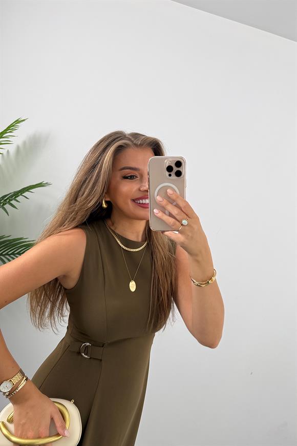 Premium Seri Beli Tokalı Parçalı Midi Kloş Elbise Haki