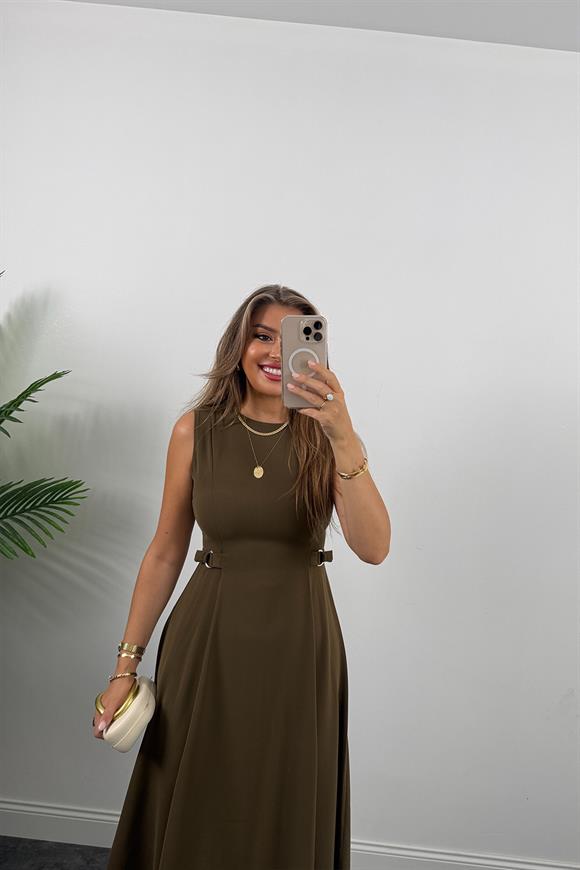 Premium Seri Beli Tokalı Parçalı Midi Kloş Elbise Haki