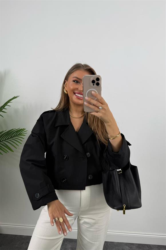Premium Seri Biker Model Apoletli Kısa Trençkot Siyah