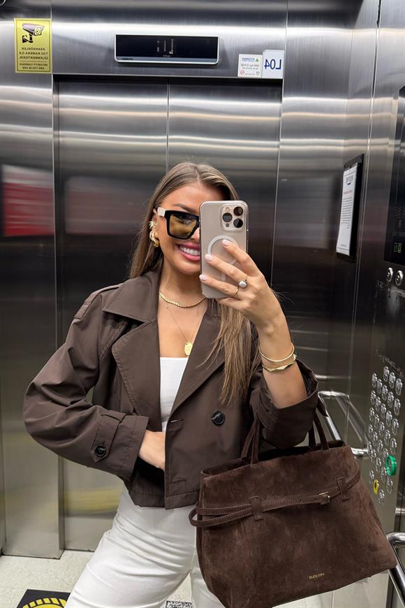 Premium Seri Biker Model Apoletli Kısa Trençkot Acı Kahve