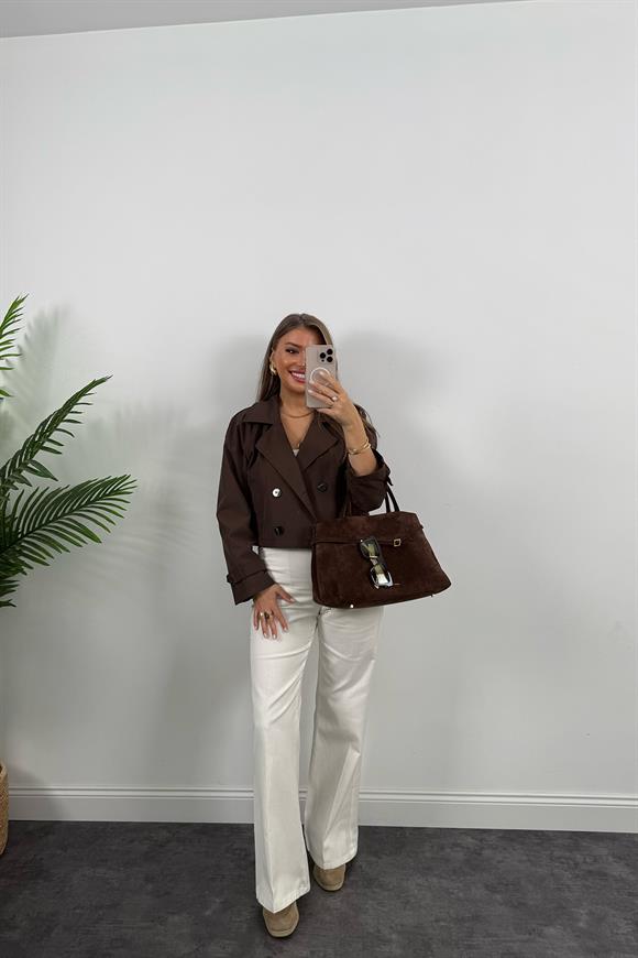 Premium Seri Biker Model Apoletli Kısa Trençkot Acı Kahve