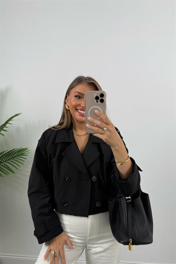 Premium Seri Biker Model Apoletli Kısa Trençkot Siyah