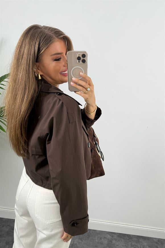 Premium Seri Biker Model Apoletli Kısa Trençkot Acı Kahve
