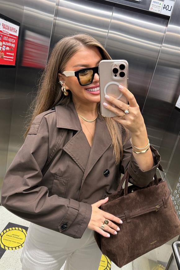 Premium Seri Biker Model Apoletli Kısa Trençkot Acı Kahve