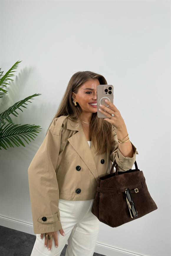 Premium Seri Biker Model Apoletli Kısa Trençkot Bej