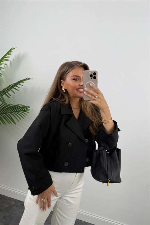 Premium Seri Biker Model Apoletli Kısa Trençkot Siyah