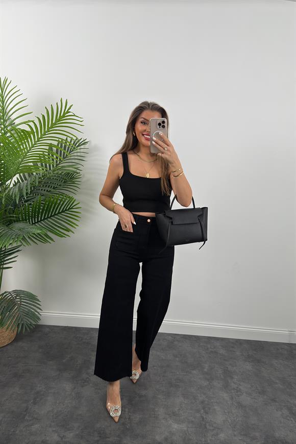 Premium Seri Bilek Boy Önü Cepli Likralı Bol Paça Jean Pantolon Siyah