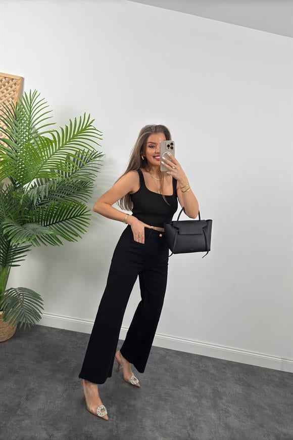 Premium Seri Bilek Boy Önü Cepli Likralı Bol Paça Jean Pantolon Siyah