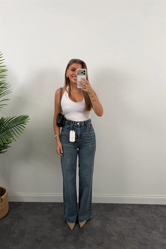 Premium Seri Bol Paça Yüksek Bel Jean 1019 Vintage Mavi