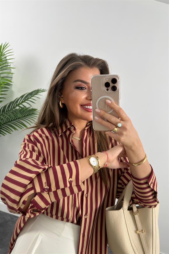 Premium Seri Bordo Camel Çizgili Tensel Gömlek