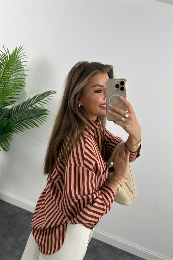 Premium Seri Bordo Camel Çizgili Tensel Gömlek