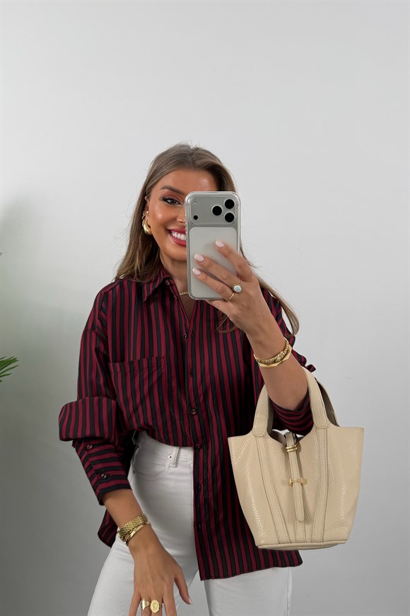 Premium Seri Bordo Siyah Çizgili Tensel Gömlek