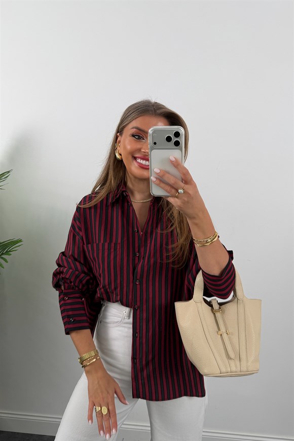 Premium Seri Bordo Siyah Çizgili Tensel Gömlek