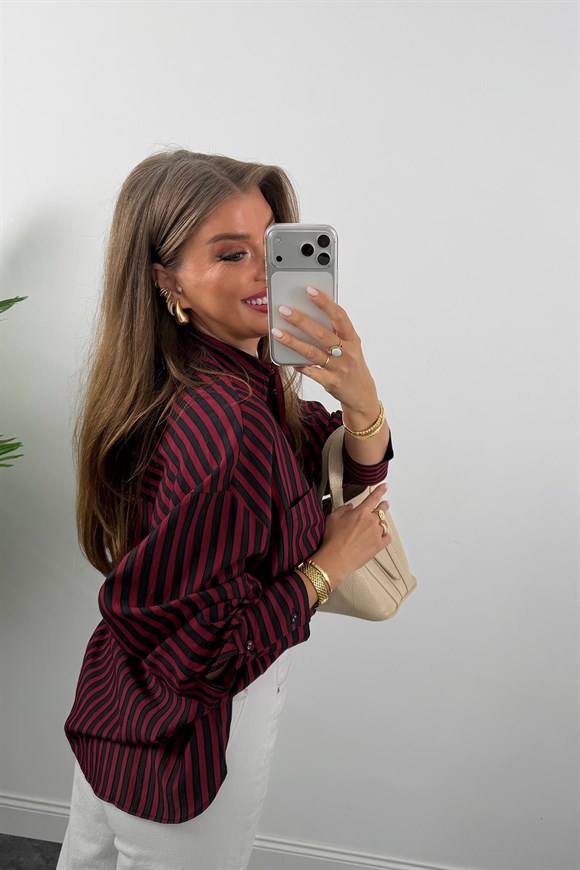 Premium Seri Bordo Siyah Çizgili Tensel Gömlek