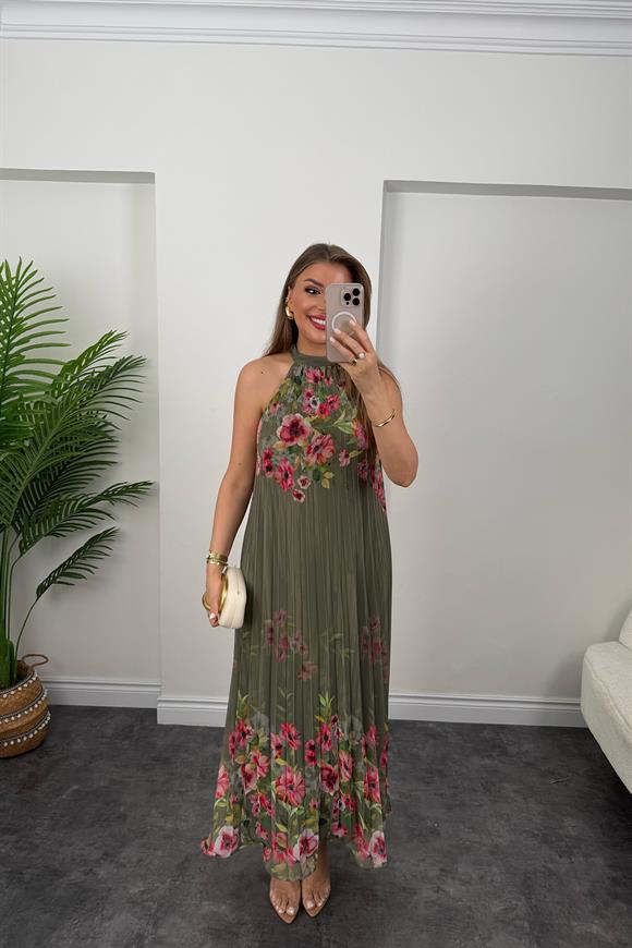 Premium Seri Çiçekli Pileli Maxi Şifon Elbise Haki
