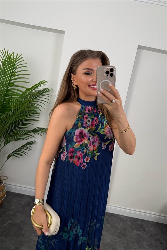 Premium Seri Çiçekli Pileli Maxi Şifon Elbise Lacivert