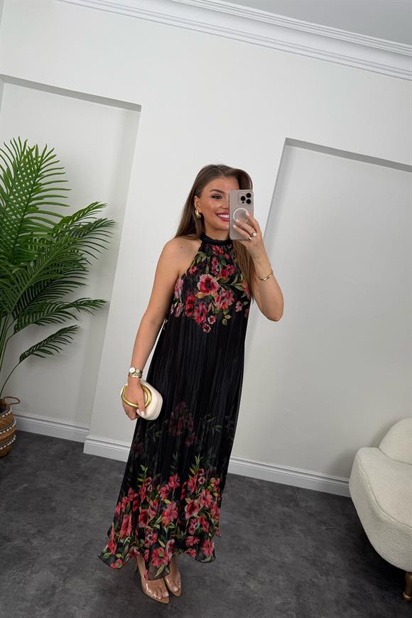 Premium Seri Çiçekli Pileli Maxi Şifon Elbise Siyah