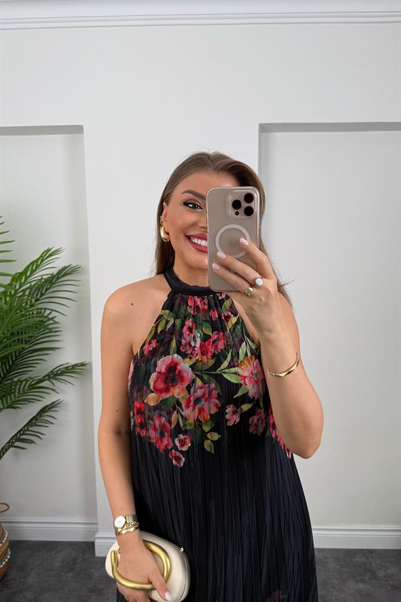 Premium Seri Çiçekli Pileli Maxi Şifon Elbise Siyah