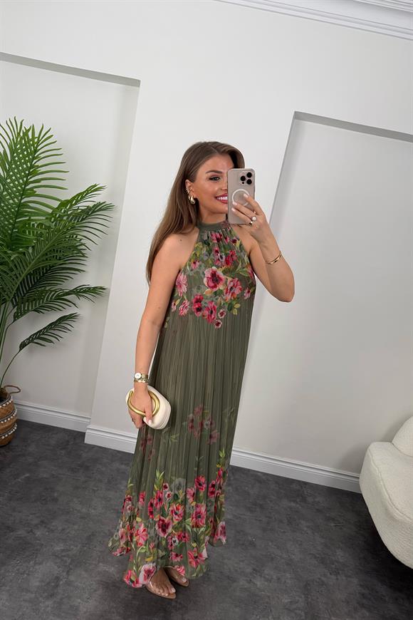 Premium Seri Çiçekli Pileli Maxi Şifon Elbise Haki