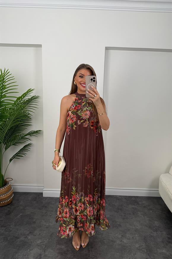 Premium Seri Çiçekli Pileli Maxi Şifon Elbise Kahverengi