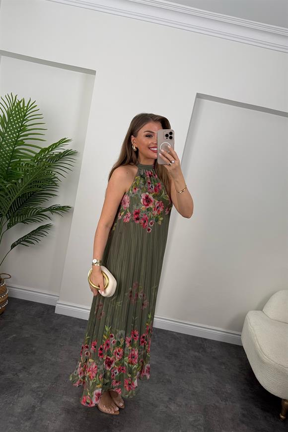 Premium Seri Çiçekli Pileli Maxi Şifon Elbise Haki