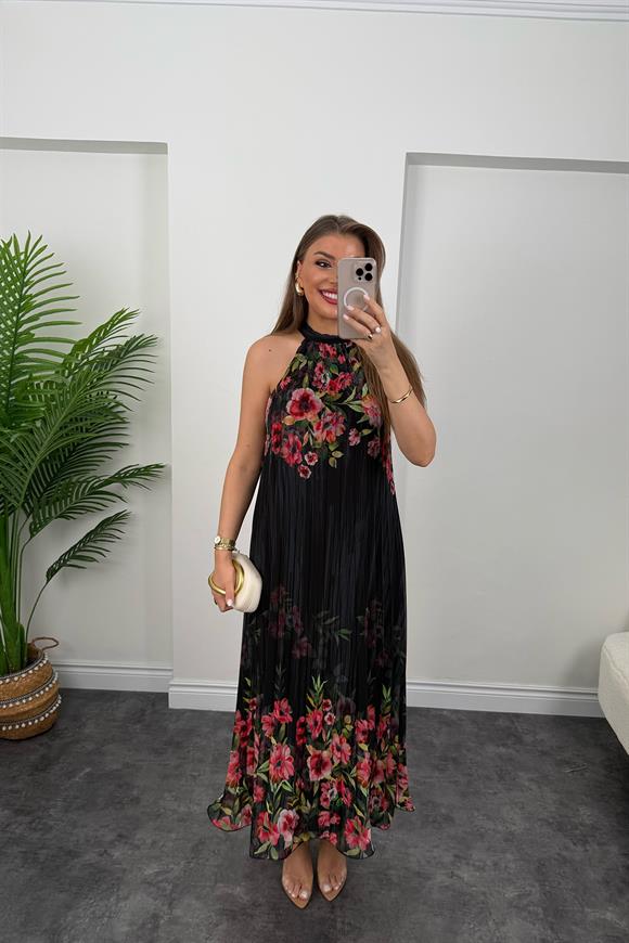 Premium Seri Çiçekli Pileli Maxi Şifon Elbise Siyah