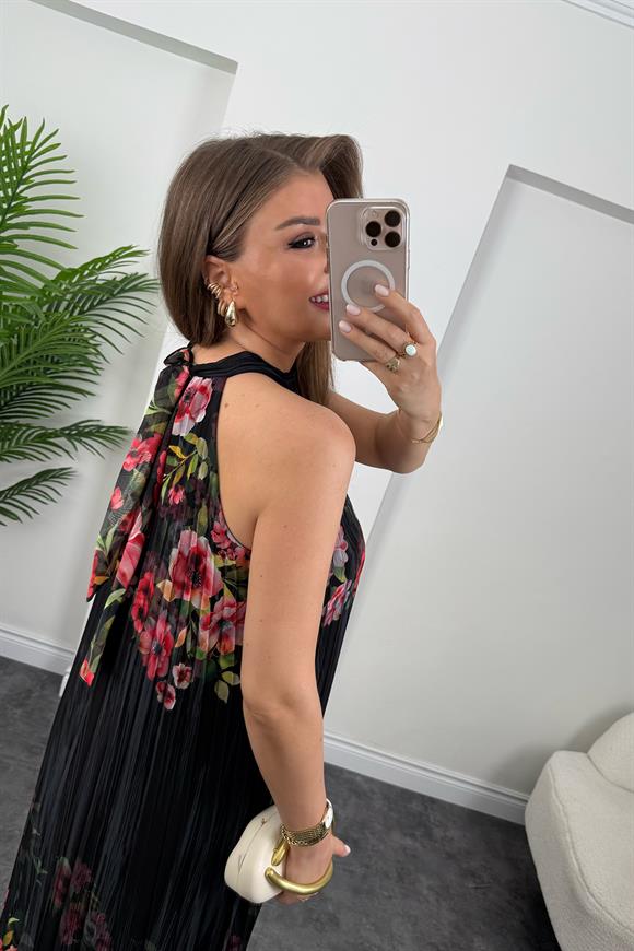 Premium Seri Çiçekli Pileli Maxi Şifon Elbise Siyah