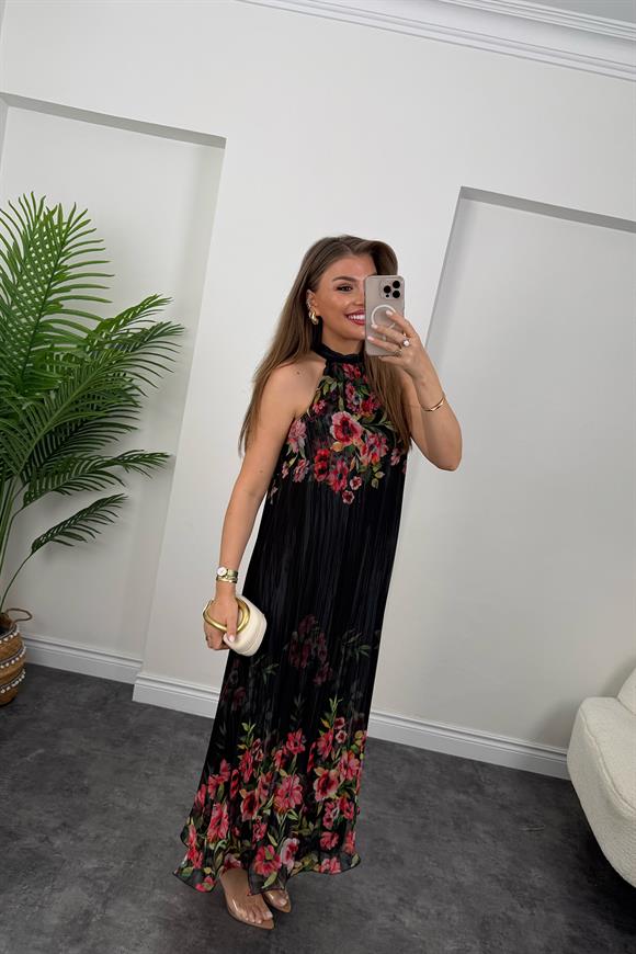 Premium Seri Çiçekli Pileli Maxi Şifon Elbise Siyah