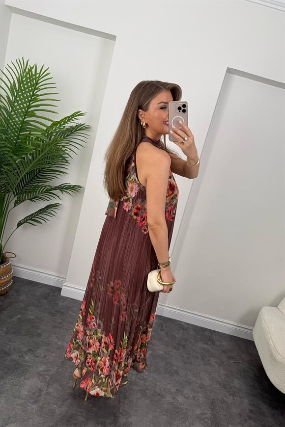 Premium Seri Çiçekli Pileli Maxi Şifon Elbise Kahverengi