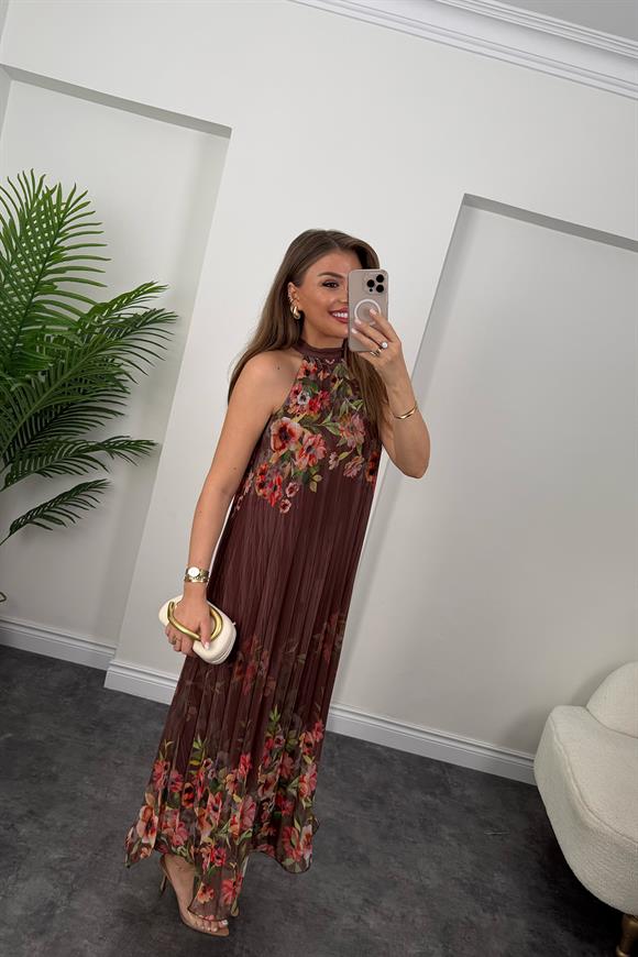 Premium Seri Çiçekli Pileli Maxi Şifon Elbise Kahverengi