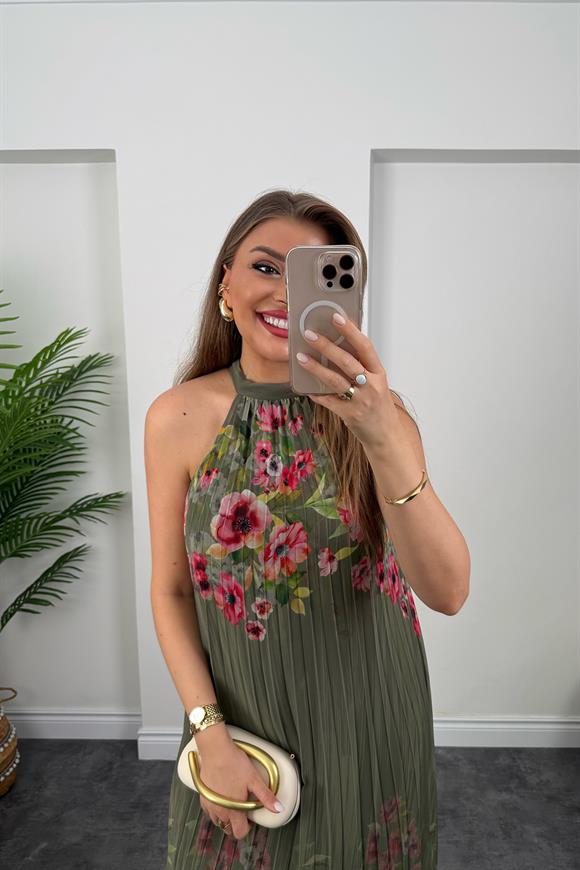 Premium Seri Çiçekli Pileli Maxi Şifon Elbise Haki