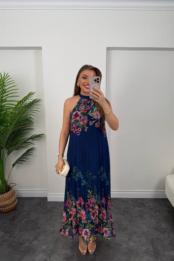 Premium Seri Çiçekli Pileli Maxi Şifon Elbise Lacivert